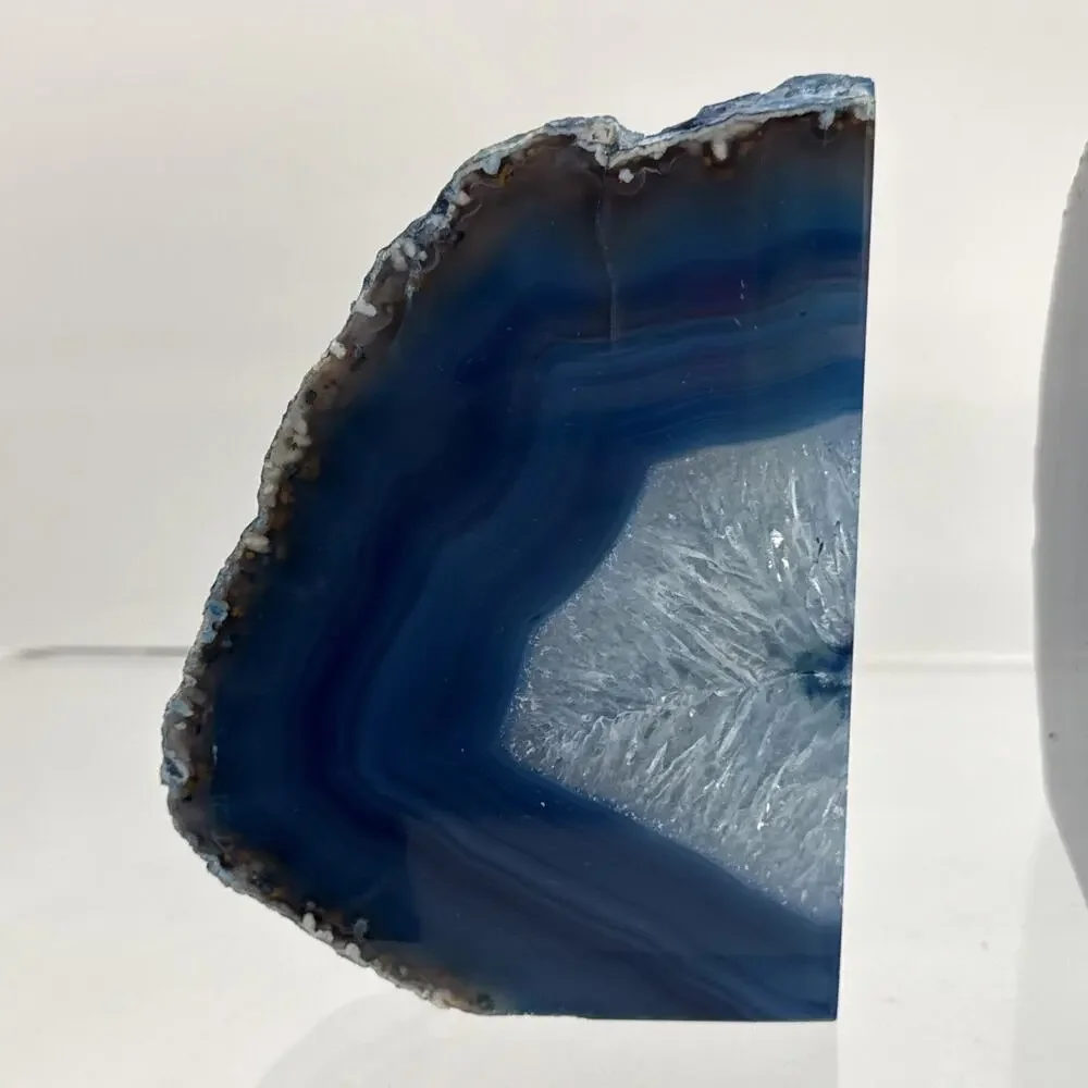 1 Pair 5.25” Polished Blue Brazilian Agate Geodes Bookends W/Beautiful Crystals
